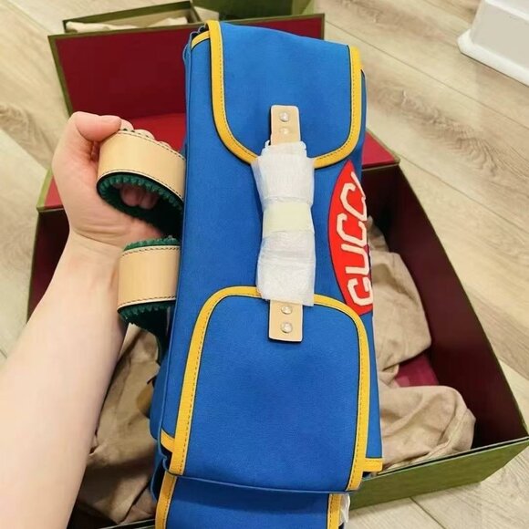 Authentic Gucci Canvas Childrens Sciroppo Patch Backpack Blue NIB - Picture 3 of 7